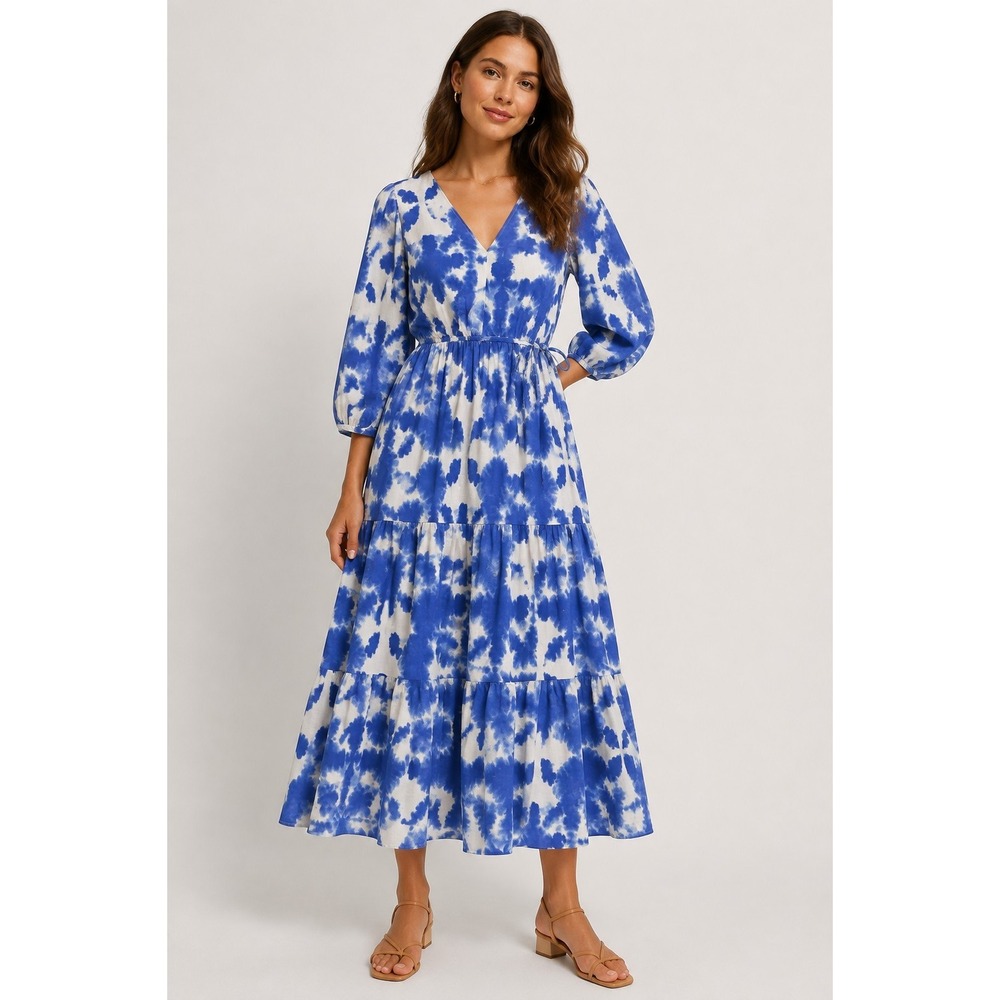 H&M Women's S Blue White Tie Dye Maxi Dress Cotton Ruffle Side Tie Waist